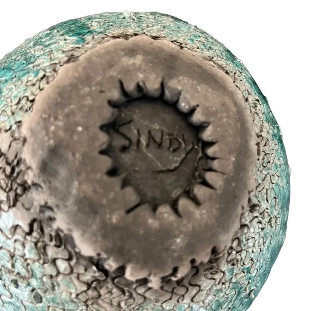 Raku Turquoise Textured Bowl Signed Sindy Unusual